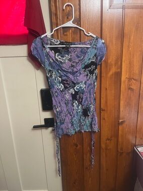 Temptations Purple and Blue Floral Cowl Neck Short Sleeve Top